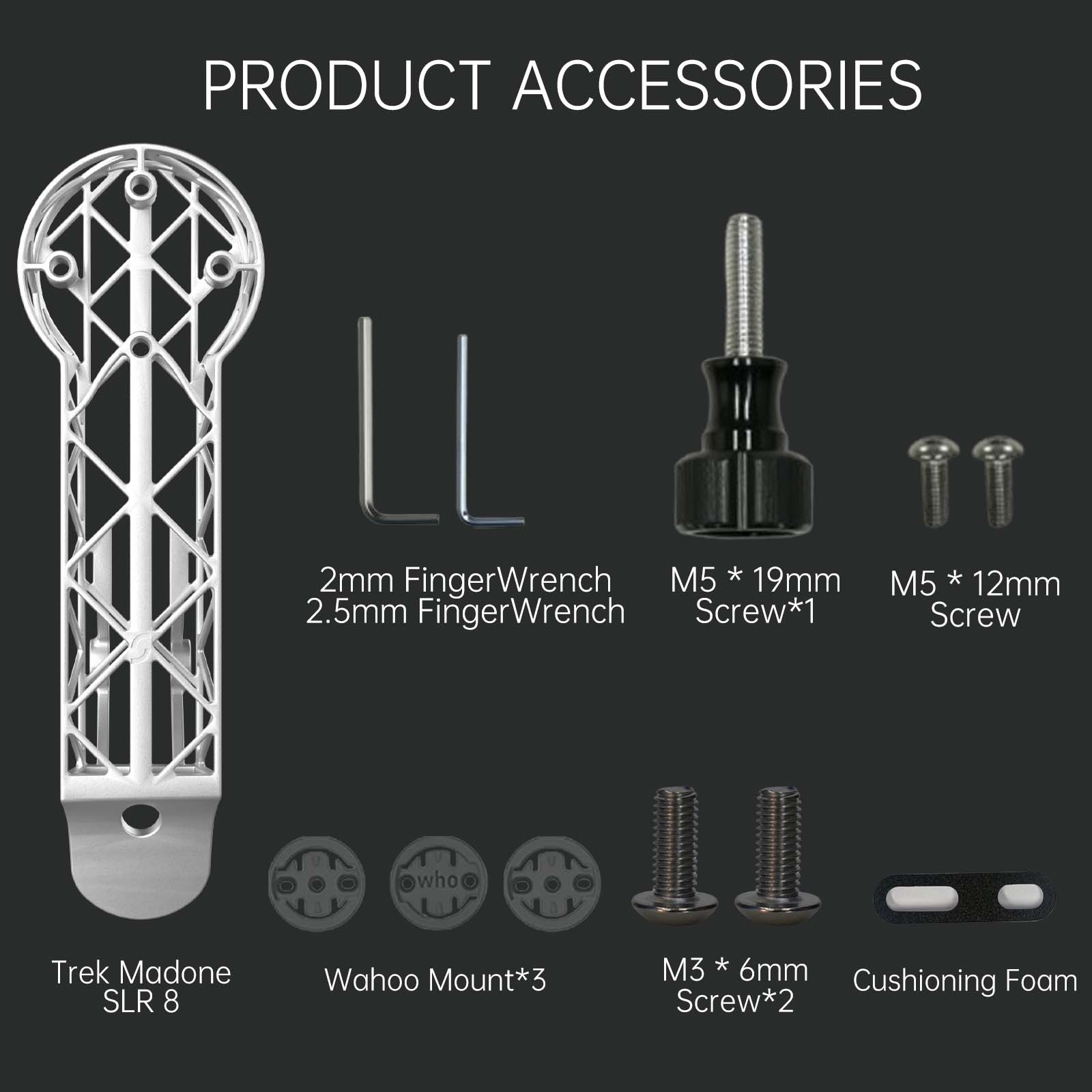 Trek Madone SLR 8 accessories including screws, wrenches, and cushioning foam for bike computer mount.